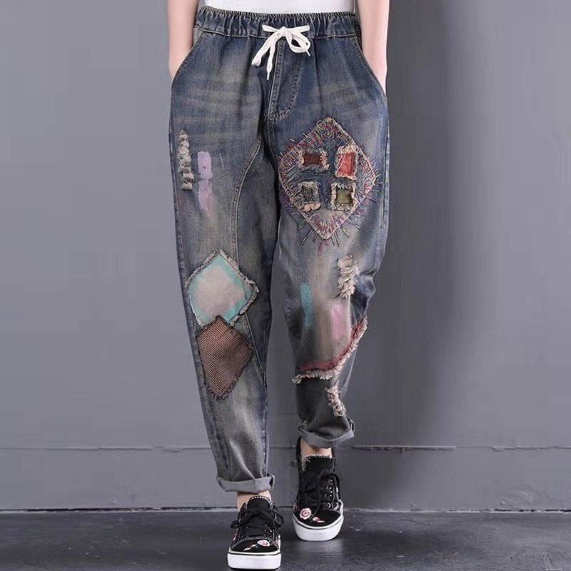 Retro Ethnic Embroidered Patch Jeans