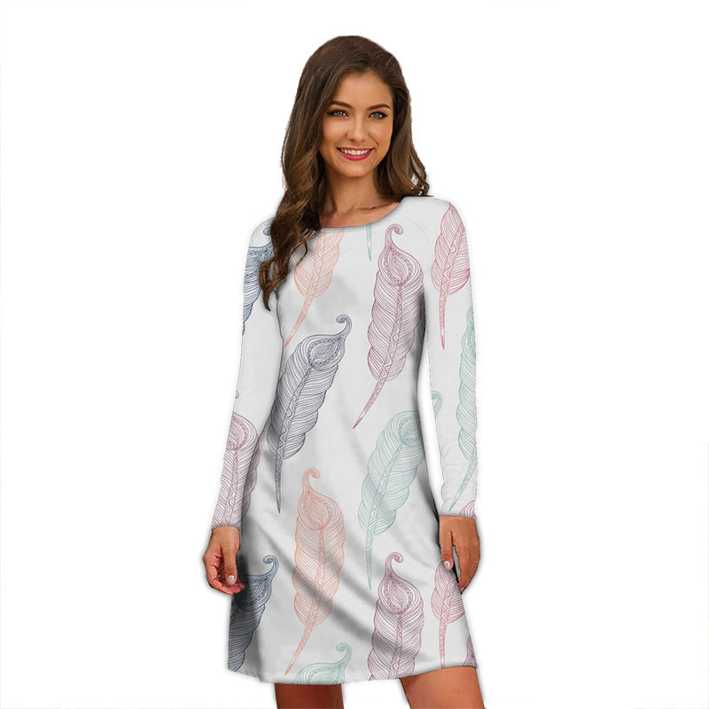 Round Neck Printed Long Sleeve Dress  Temperament Slimming Small