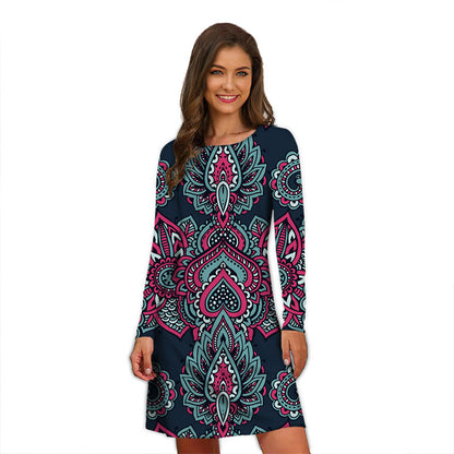 Round Neck Printed Long Sleeve Dress  Temperament Slimming Small