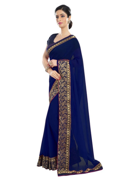 Generic Women's Chiffon Saree (Navy Blue, 5-6