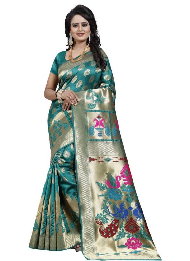 Rama Color Jacquard Saree with Blouse