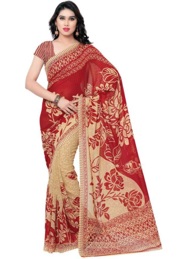 Printed Faux Georgette Red Color Saree