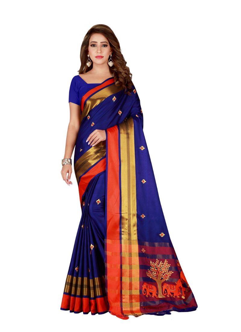 Generic Women's Cotton Blend Saree with Blouse