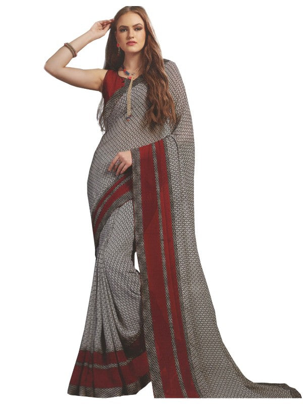 Georgette Digital Printed Saree With Blouse-Grey