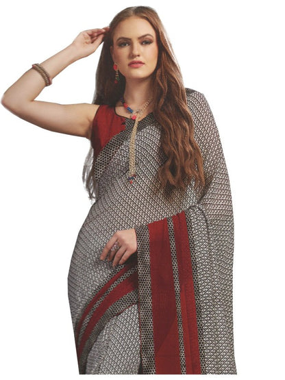 Georgette Digital Printed Saree With Blouse-Grey