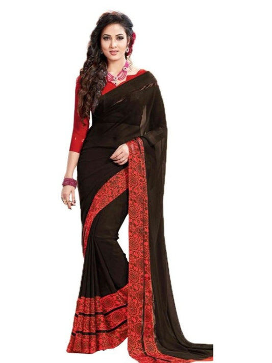 Georgette Digital Saree With Blouse-Brown