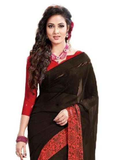 Georgette Digital Saree With Blouse-Brown