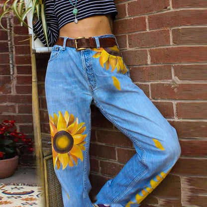 Women's Sunflower Printed Washed Jeans