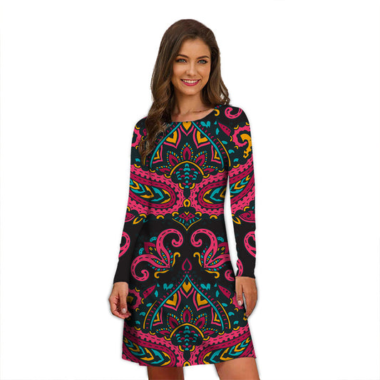 Round Neck Printed Long Sleeve Dress  Temperament Slimming Small