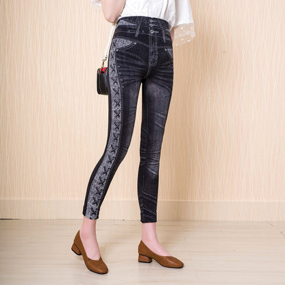 Women's Denim Printed Leggings , hip lift, slim fit, breathable, slim