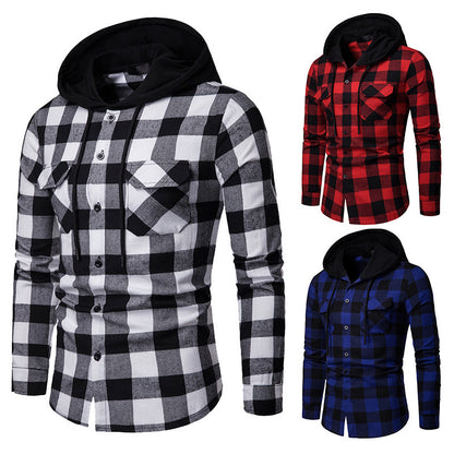 Business Spring And Autumn Plaid Casual Hooded Long Sleeve Shirt