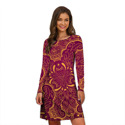 Round Neck Printed Long Sleeve Dress  Temperament Slimming Small