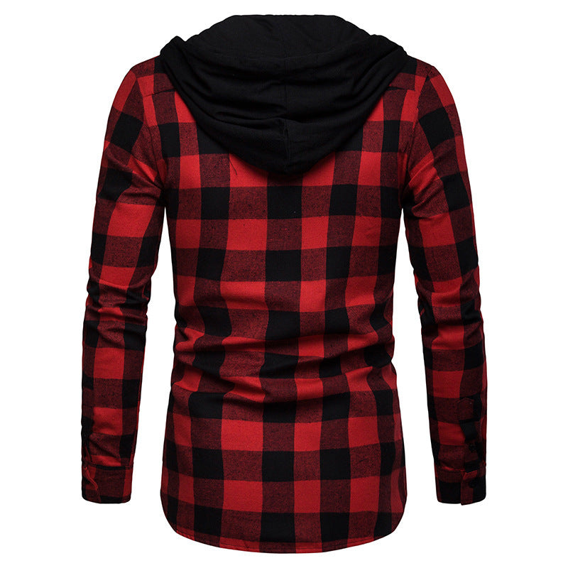 Business Spring And Autumn Plaid Casual Hooded Long Sleeve Shirt