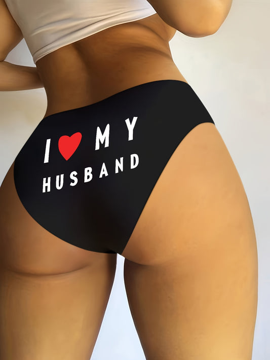 I Love My Husband Letter Heart Print Briefs, Comfy Intimates Panties, Women's Sexy Underwear