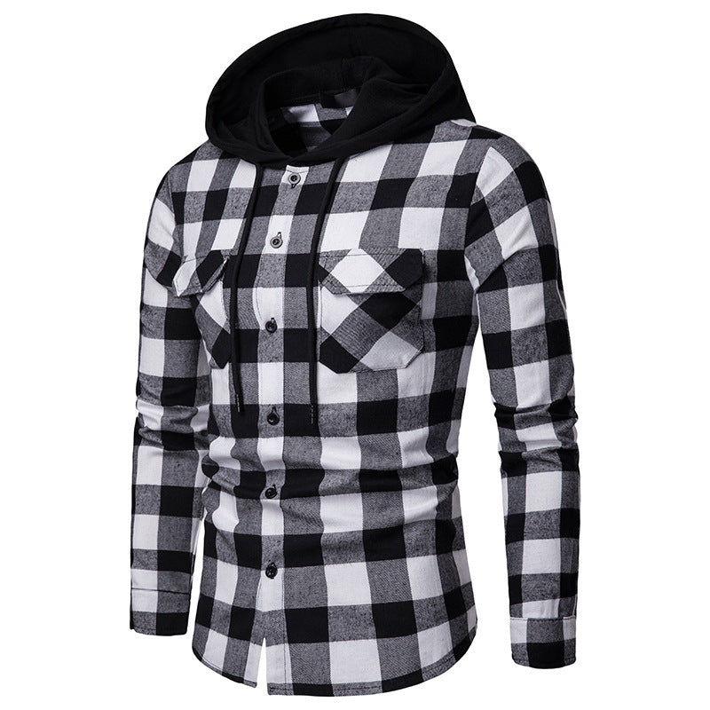 Business Spring And Autumn Plaid Casual Hooded Long Sleeve Shirt