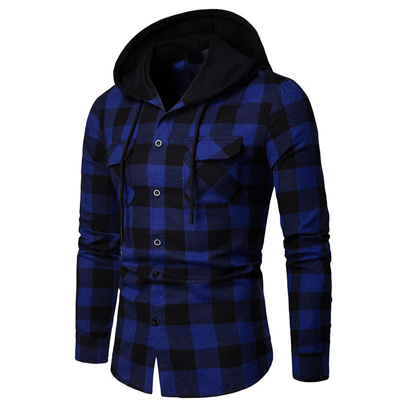 Business Spring And Autumn Plaid Casual Hooded Long Sleeve Shirt