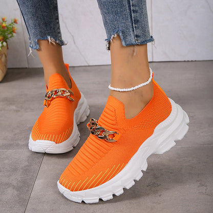 Fashion Chain Design Mesh Shoes For Women Breathable Casual Soft Sole Walking Sock Slip On Flat Shoes