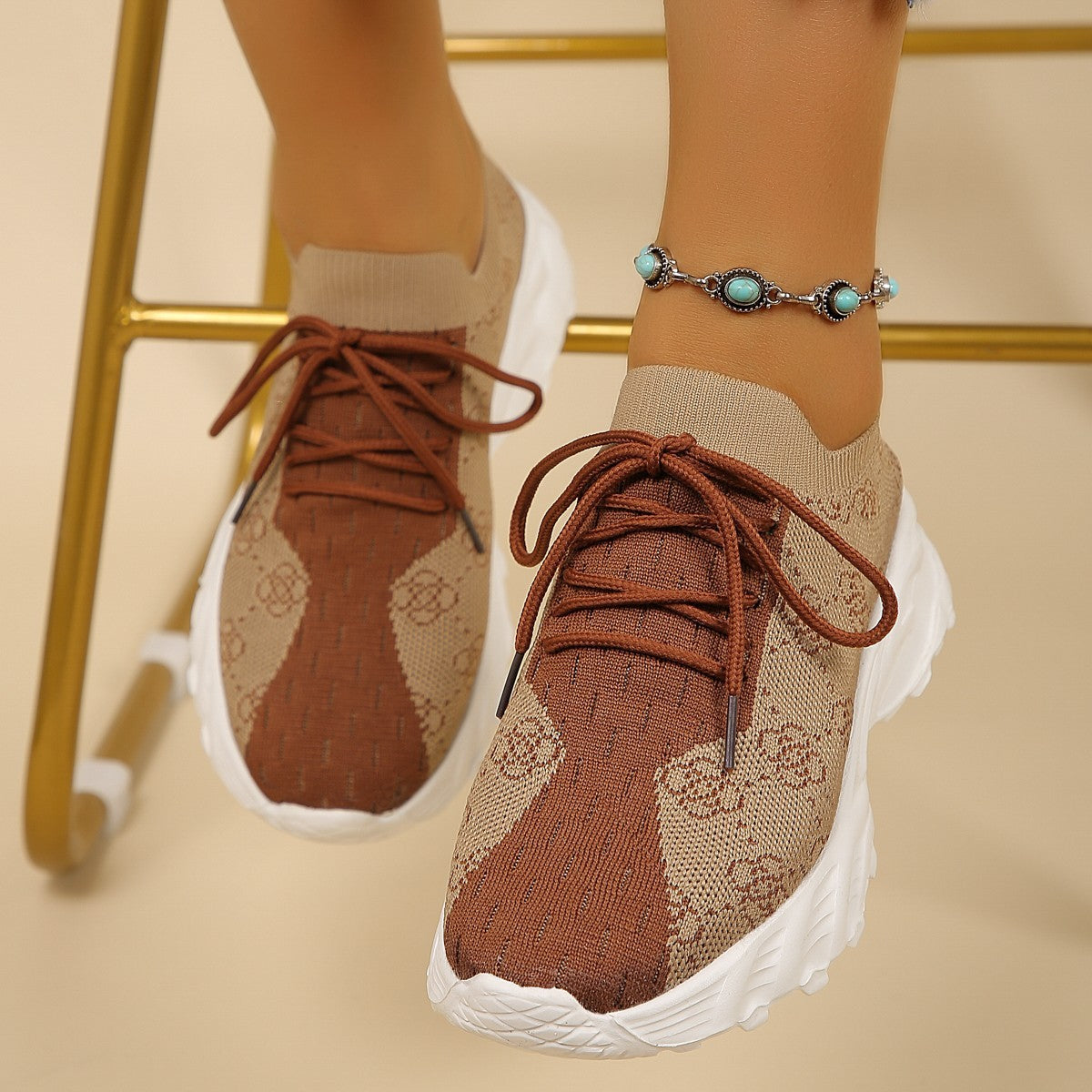 Floral Print Colorblock Mesh Shoes Casual Light Lace-up Sneakers For Women