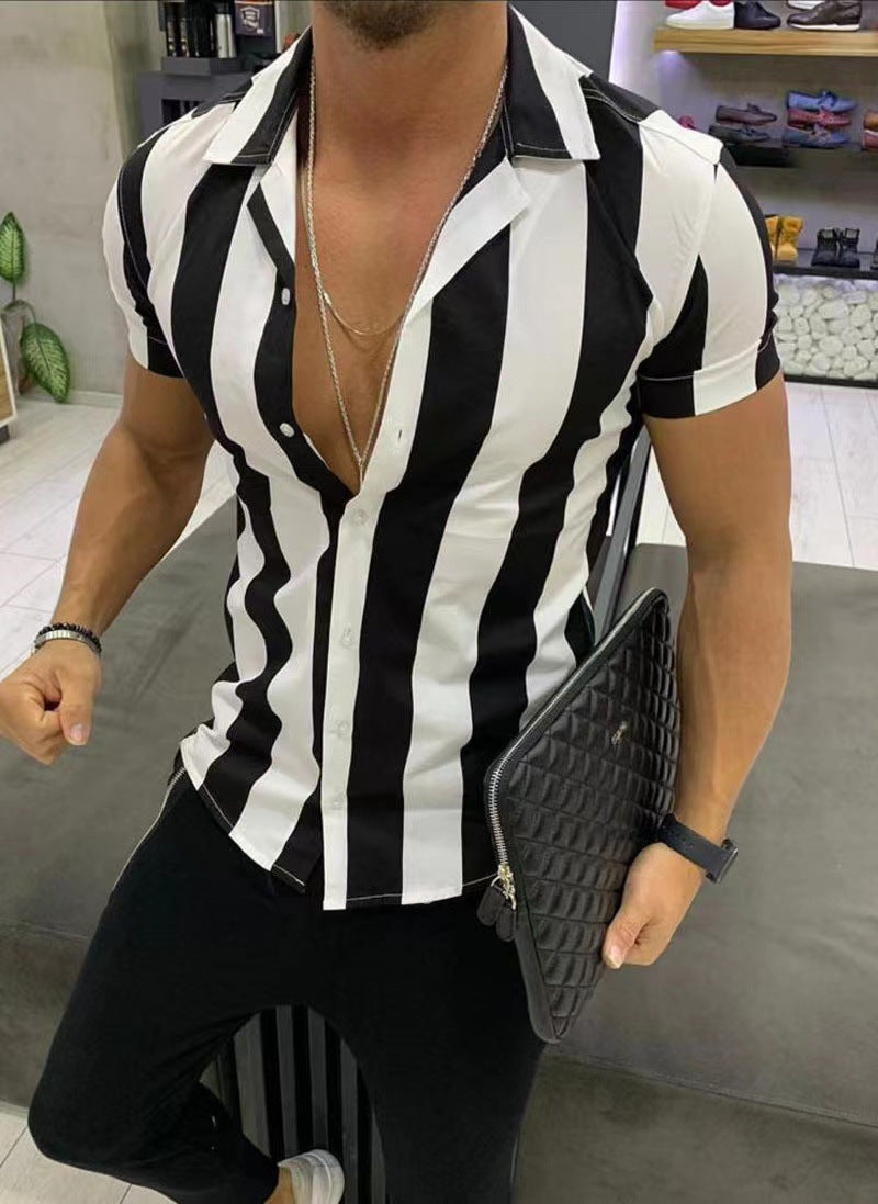 Men's Luxury Shirt Short Slim Top Lapel Button T-shirt