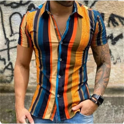 Men's Luxury Shirt Short Slim Top Lapel Button T-shirt