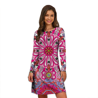 Round Neck Printed Long Sleeve Dress  Temperament Slimming Small