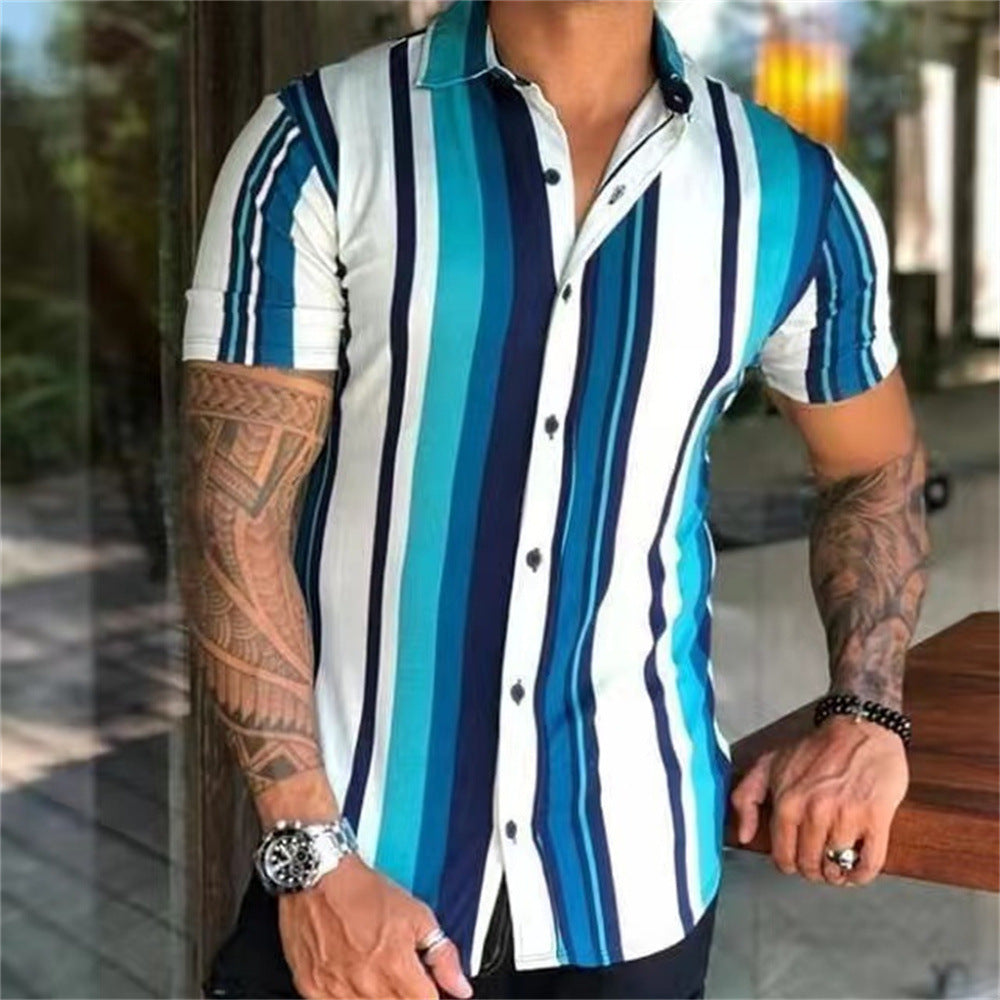 Men's Luxury Shirt Short Slim Top Lapel Button T-shirt