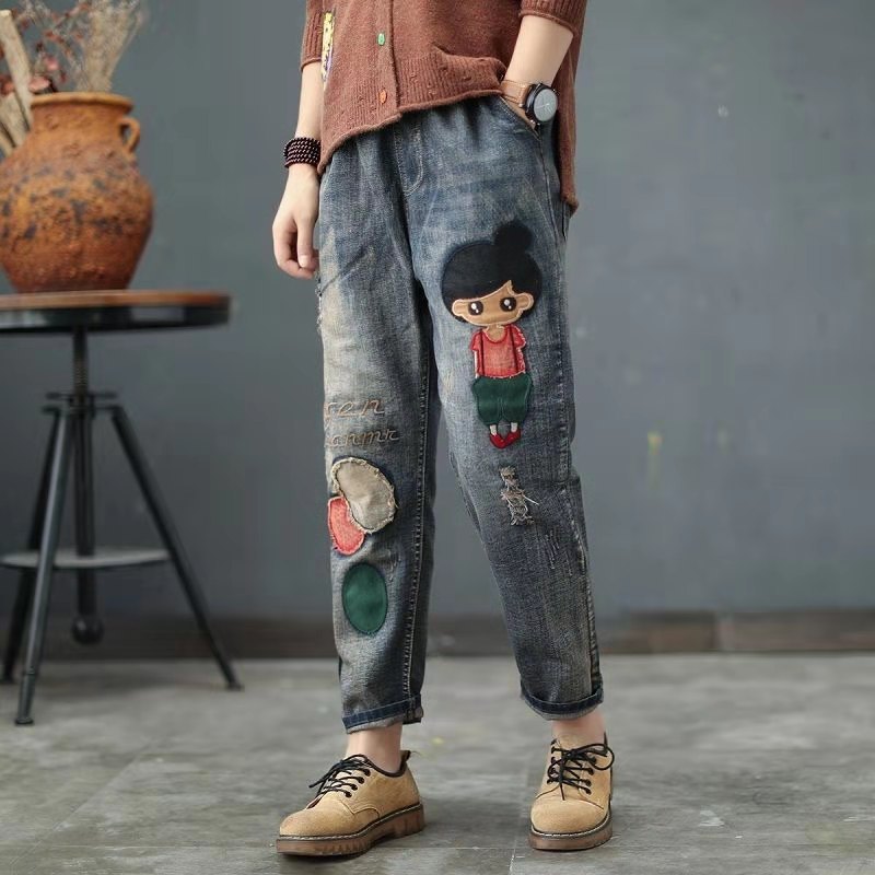 Retro Ethnic Embroidered Patch Jeans