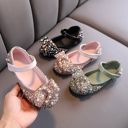 Girls Soft Sole Princess Bow Rhinestone Small Leather Shoes