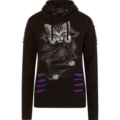 BRIGHT EYES - Large Hood Ripped Hoody Purple-Black