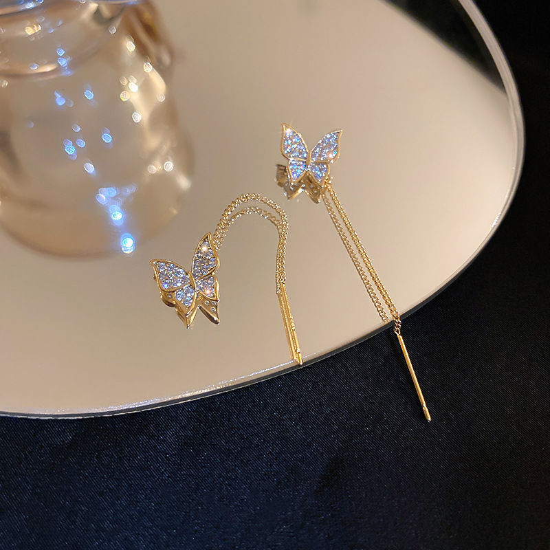 925 Silver Needle Long Tassel Butterfly Earrings