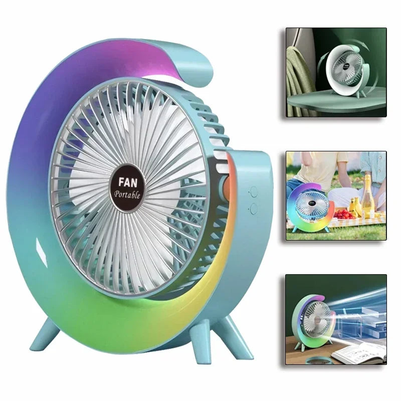 Optimize product title: Portable USB Rechargeable Fan with LED Lighting, 7 Colors, 180° Adjustable, 3 Speeds - Ideal for Summer Camping and Xiaomi Fans