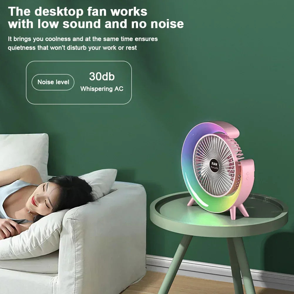 Optimize product title: Portable USB Rechargeable Fan with LED Lighting, 7 Colors, 180° Adjustable, 3 Speeds - Ideal for Summer Camping and Xiaomi Fans