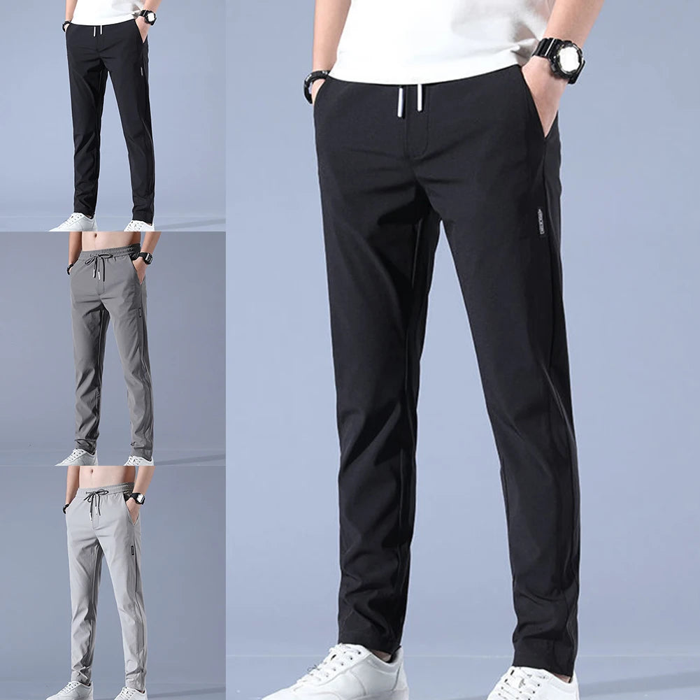 Men Ice Silk Trousers Loose Straight Leg Casual Pants Thin Quick