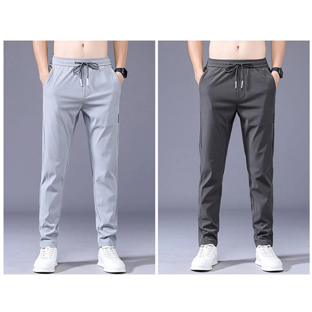 Men Ice Silk Trousers Loose Straight Leg Casual Pants Thin Quick