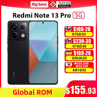 Global ROM Xiaomi Redmi Note 13 Pro 5G Mobile Phone 128GB 256GB 512GB Snapdragon 7s Gen 2 120Hz Screen 5100mAh 67W Fast Charging