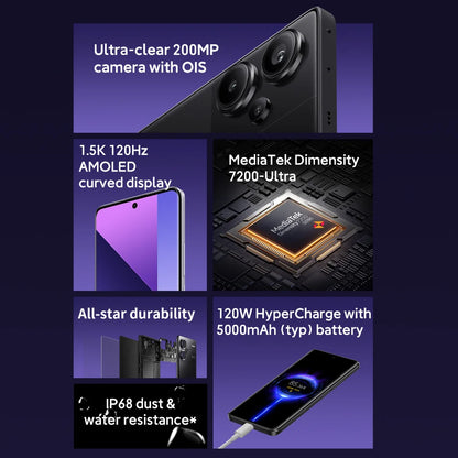 Global Version Xiaomi Redmi Note 13 Pro Plus + 5G Smartphone MediaTek Dimensity 7200-Ultra 200MP Triple Camera AMOLED Display