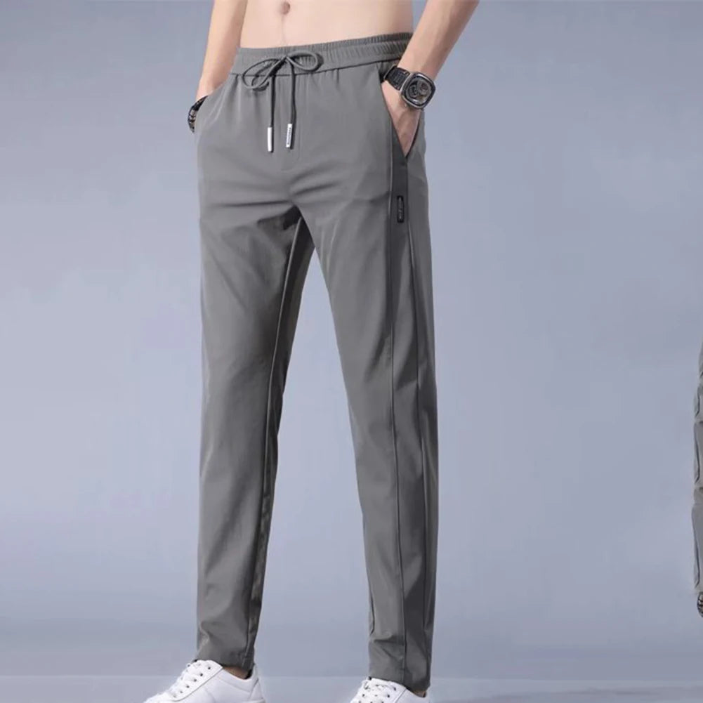 Men Ice Silk Trousers Loose Straight Leg Casual Pants Thin Quick