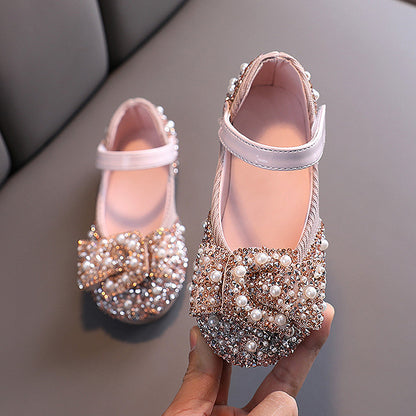 Girls Soft Sole Princess Bow Rhinestone Small Leather Shoes