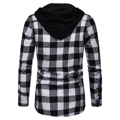 Business Spring And Autumn Plaid Casual Hooded Long Sleeve Shirt