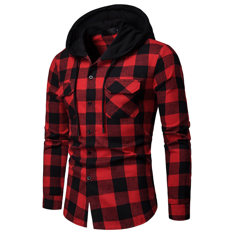 Business Spring And Autumn Plaid Casual Hooded Long Sleeve Shirt