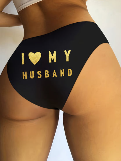 I Love My Husband Letter Heart Print Briefs, Comfy Intimates Panties, Women's Sexy Underwear