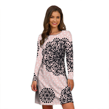 Round Neck Printed Long Sleeve Dress  Temperament Slimming Small