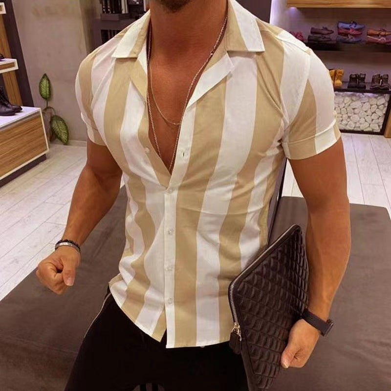 Men's Luxury Shirt Short Slim Top Lapel Button T-shirt