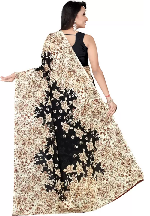 Printed Daily Wear Georgette Saree  (Black, Beige)